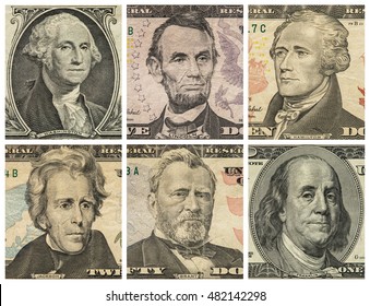 Portraits of six presidents with U.S. dollar bills
