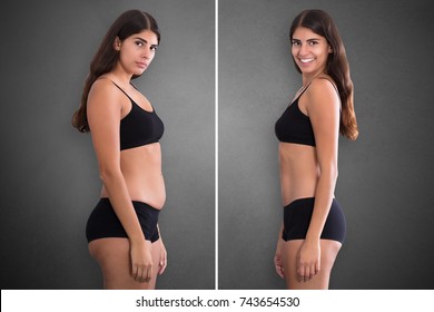 Portraits Of Woman Before And After From Fat To Slim Concept Standing Against Grey Background