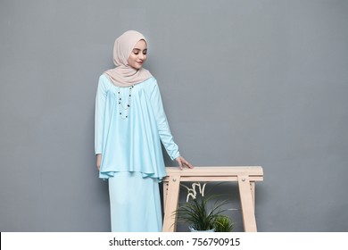 Portraiture Of Young Girl Model Wearing Hijab.Beautiful Islamic Hijab Fashion Indoor Photoshoot.