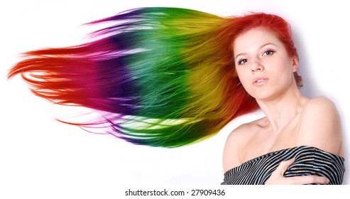 Portraot Of A Beautiful Woman With Long Color Hair