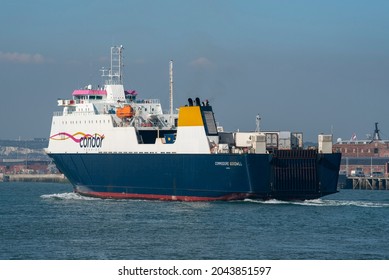 Portsmouth, England, UK. 2021. A Commercial Vehicle Roro Ferry Commodore Goodwill Underway On Portsmouth Harbour, England, UK