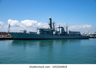 Portsmouth, Hampshire, UK July 16 2019 Royal Navy Frigate HMS Kent Moored At The Dock Yard