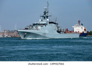 Portsmouth, Hampshire, UK May 16 2019 River-class Offshore Patrol Vessel HMS Forth Leaving The Port