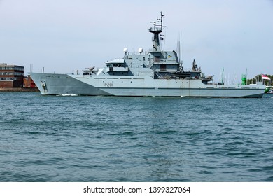 Portsmouth, Hampshire, UK May 16 2019 River-class Offshore Patrol Vessel HMS Tyne Leaving The Port