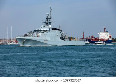 Portsmouth, Hampshire, UK May 16 2019 River-class Offshore Patrol Vessel HMS Forth Leaving The Port