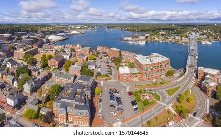 Portsmouth historic city center and Waterfront of Piscataqua River with Memorial Bridge aerial view, New Hampshire, NH, USA.
