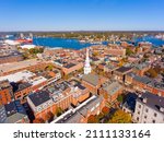 Portsmouth historic downtown aerial view at Market Square with historic buildings and North Church on Congress Street in city of Portsmouth, New Hampshire NH, USA.