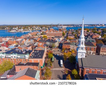 Portsmouth historic downtown aerial view at Market Square with historic buildings and North Church on Congress Street in city of Portsmouth, New Hampshire NH, USA.
