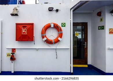 Portsmouth To Isle Of Wight, Solent, UK – 05-26-2022. Exterior Landscape View Of Marine Safety Equipment On Car And Passenger Ferry