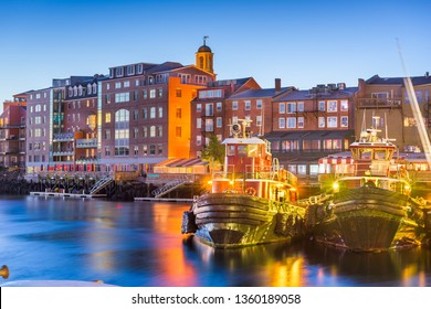 Portsmouth, New Hampshire, USA town cityscape on the River at twilight.