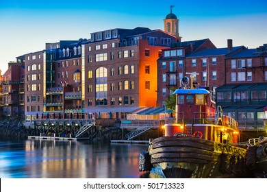 Portsmouth, New Hampshire, USA town skyline on the Piscataqua River.
