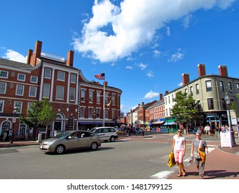 Portsmouth, NH - August 3 2013: View of Market Square, the main economic and commercial center of the city of Portsmouth since the 1700s