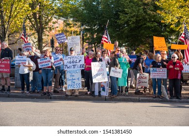 Portsmouth, NH, USA - October 13, 2019: Protesters In Market Square In Favour Of Donald Trum Impeachment