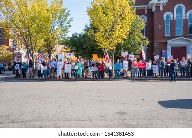 Portsmouth, NH, USA - October 13, 2019: Protesters In Market Square Demanding Donald Trum Impeachment