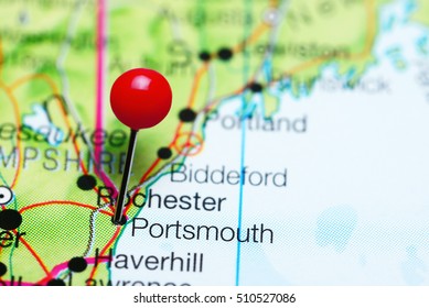 Portsmouth pinned on a map of New Hampshire, USA
