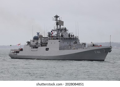 PORTSMOUTH, UK – 13TH AUG 2021: The Indian Navy Ship INS TABAR Arriving At The Naval Base. The Russian Built Talwar Class Frigate Is On A European Deployment