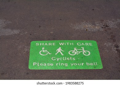 Portsmouth,England,May 1st 2021. Share With Care Sign For Cyclists To Consider Others When Riding On The Path. 