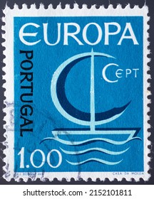 PORTUGAL - CIRCA 1966: a postage stamp from PORTUGAL , showing a boat with sails and waves and graphics with the letters CEPT formed. Text : EUROPE. Circa 1966