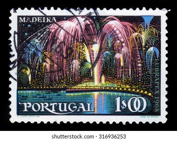 PORTUGAL - CIRCA 1968: A stamp printed in Portugal shows fireworks over Funchal on the island of Madeira, circa 1968