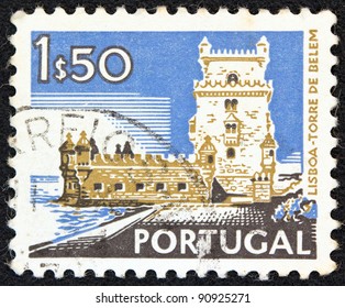 PORTUGAL - CIRCA 1972: A stamp printed in Portugal from the "Cities and landscapes" issue shows Belem Tower, Lisbon,circa 1972.