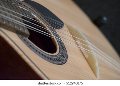 Portugal, Coimbra.  Fado Musician's Portuguese Guitar Head, Soundbox, Pegs, And Strings.