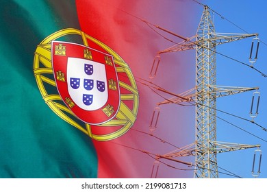 Portugal flag on electric pole background. Power shortage and increased energy consumption in Portugal. Energy development and energy crisis in Portugal - Powered by Shutterstock