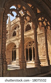 Portugal, Lisbon: Manueline architecture style, Jeronimo monastery; sculpted white stone with carved walls, statues and row of archs.