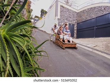 Portugal, Madeira, Funchal - May 21, 2014: Carreiros Do Monte, Wicker Toboggan Sled Ride From Monte To Funchal.
