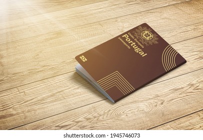 Portugal passport on a wooden background, copy space, sunlight