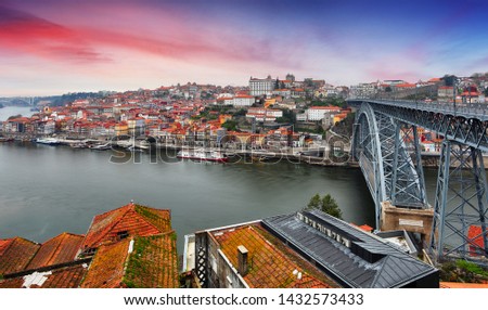 Similar – Blonde woman looks at bridge in Porto