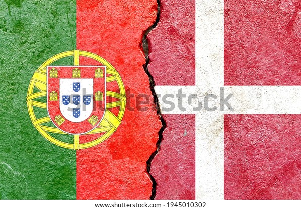 Portugal VS Denmark national flags icon pattern\
isolated on broken cracked wall background, abstract international\
political relationship partnership divided conflicts concept\
texture wallpaper
