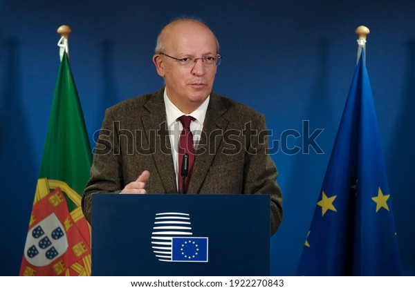 Portugal\'s Foreign Affairs\
Minister Augusto Santos Silva speaks at a news conference after an\
EU Foreign Ministers meeting in Brussels, Belgium on February 22,\
2021.