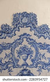 Portuguese azulejo ceramic tiles, closeup photo of decorative, vintage, historic azulejos.