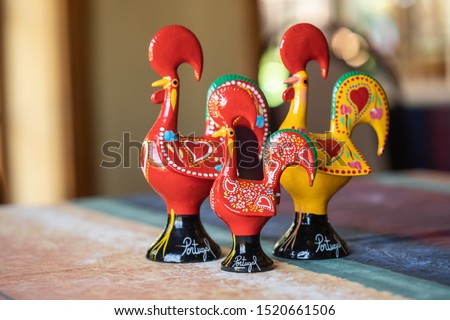 Portuguese ceramics, Barcelos cock, rooster, on a table, Galo de Barcelos