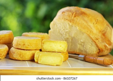 Portuguese Cheese, Knife And Bread.