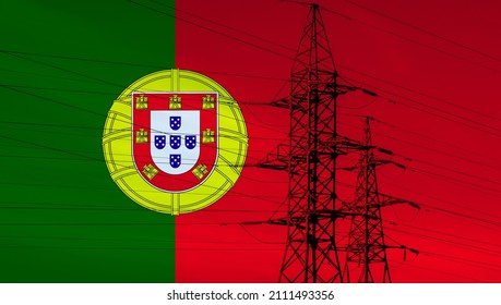 Portuguese flag with electric tower and lines. Energy supply in Portugal. High electricity and energy market prices.  - Powered by Shutterstock