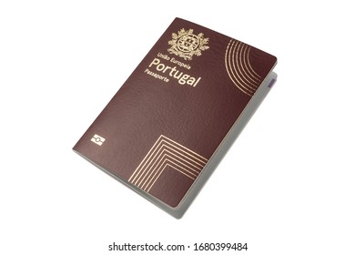 Portuguese foreign passport on a white background, close-up.