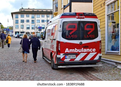 Porvoo, Finland -10-10-2020: 9Lives Is A Privately Owned Finnish Paramedic And Ambulance Company. The Company Has Over 800 Health Care Professionals In Their Service