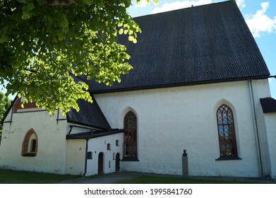 Porvoo, Finland - May 31, 2018: Porvoo Cathedral, The Site Of The Opening Of The First Diet Of Finland On 28 March 1809, Side View, White Stone Walls With Gothic Elements