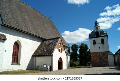 Porvoo, Finland - May 31, 2018: Porvoo Cathedral With Bell Tower, White Stone Walls With Gothic Elements, The Site Of The Opening Of The First Diet Of Finland On 28 March 1809