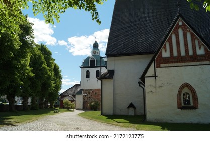 Porvoo, Finland - May 31, 2018: Porvoo Cathedral With Bell Tower, White Stone Walls With Gothic Elements, The Site Of The Opening Of The First Diet Of Finland On 28 March 1809