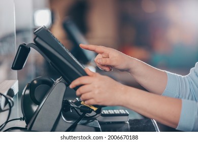 POS Concept, Young Woman Hand Doing Process Payment On A Touchscreen Cash Register, Finance, Shopping