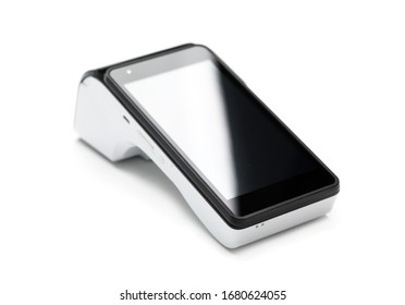 Pos terminal device for reading banking cards isolated on white background closeup