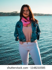 Posadas,Misiones/Argentina 1/08/2018
Teenage Woman Taking Fashion Photos Outdoors On A Sunset, Her Dress Style Is Urban And A Bit Formal