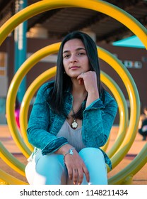 Posadas,Misiones/Argentina 1/08/2018
Teenage Woman Taking Fashion Photos Outdoors On A Sunset, Her Dress Style Is Urban And A Bit Formal