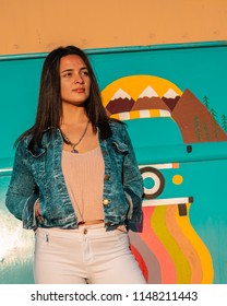 Posadas,Misiones/Argentina 1/08/2018
Teenage Woman Taking Fashion Photos Outdoors On A Sunset, Her Dress Style Is Urban And A Bit Formal