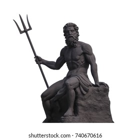 Poseidon or Neptune a statue sitting on a rock, holds a three-pronged weapon isolated on white background. This has clipping path.