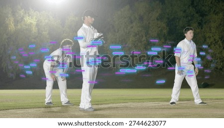 Posing three men in white on night pitch wearing gloves, floodlit, magenta or cyan light. Cricket, fielding, teammates, stadium, floodlight, neon, motion