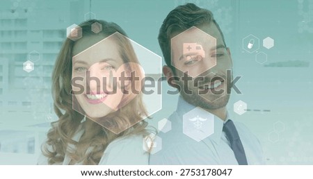 Posing two professionals wearing lab coat and tie in modern office, displaying hex HUD health icons. Colleagues, healthtech, ecg, caduceus, hexagon, teal, futuristic