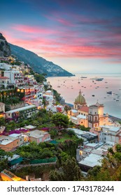 Positano. Aerial image of famous city Positano located on Amalfi Coast, Italy during sunrise.